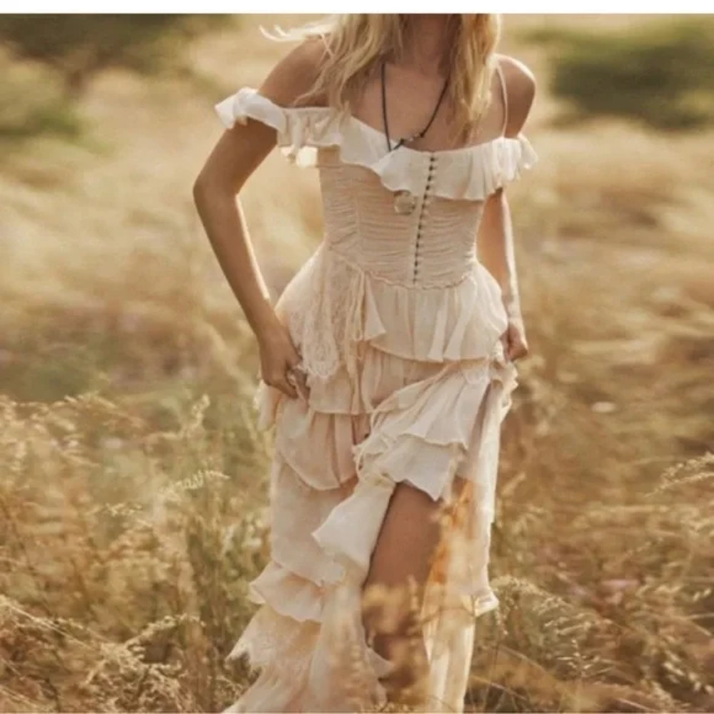 By Anthropologie FLAWS Corset Tiered Lace Ruffle Dress Size XL